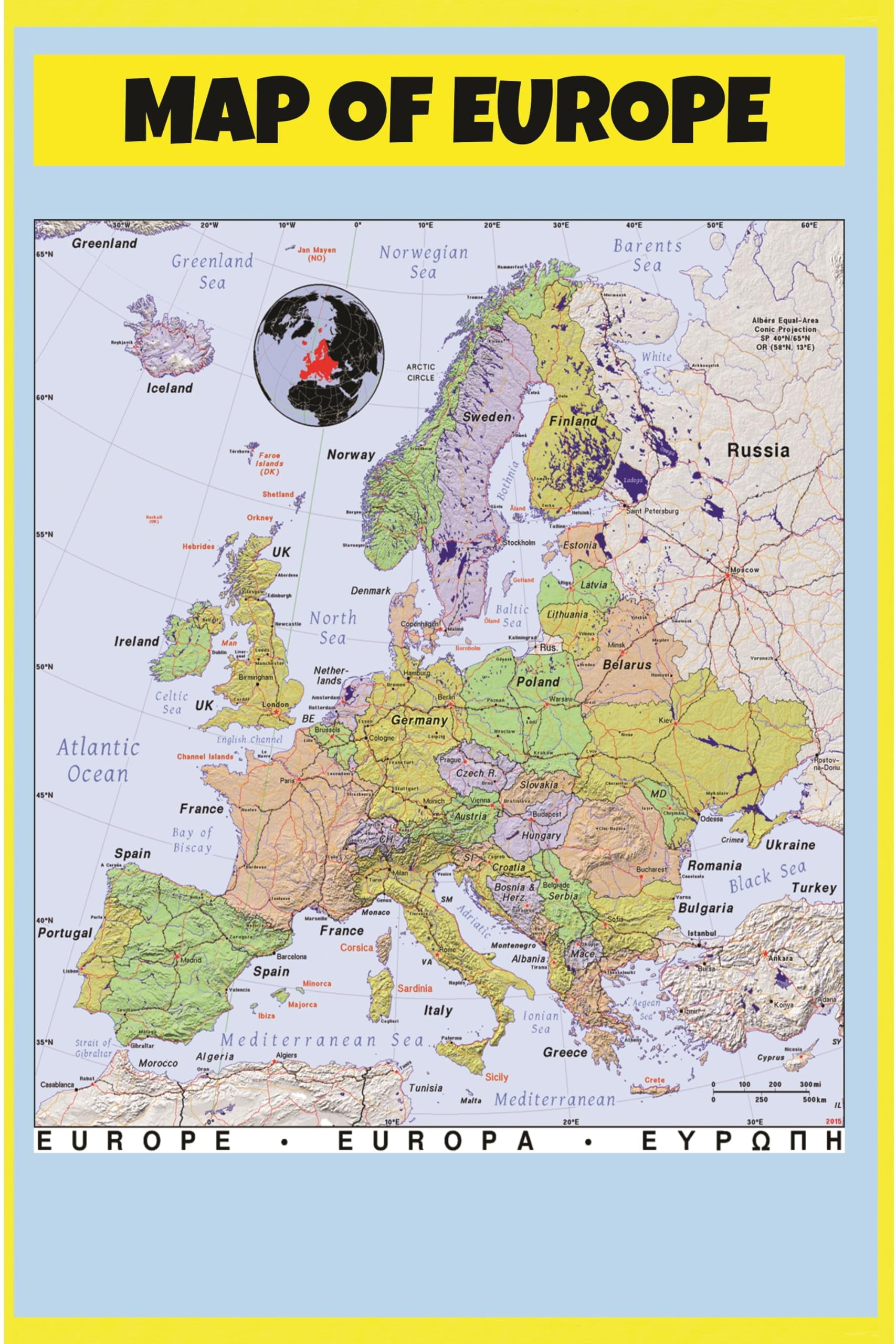 Map of Europe - Laminated Wall Map Poster Print Perfect for Classrooms ...