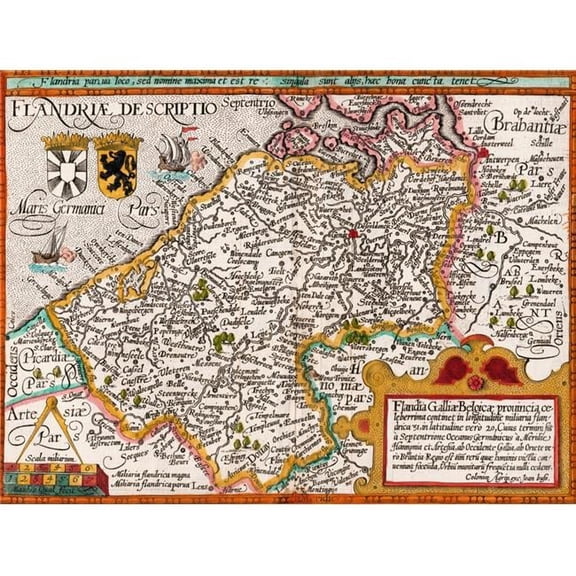 Map of Flanders by Cartographer Matthias Quad From His Fasciculus Geographicus Later Hand Colouring Engraved & Publi 1 Poster Print - 16 x 12