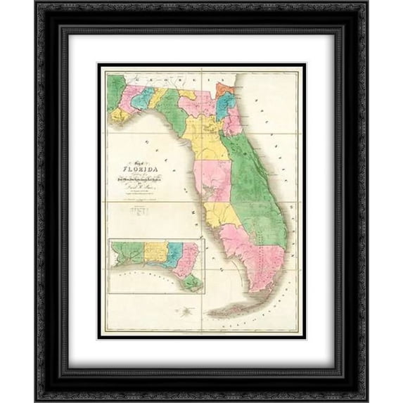 Map of Florida, 1839 2x Matted 20x24 Black Ornate Framed Art Print by Burr, David