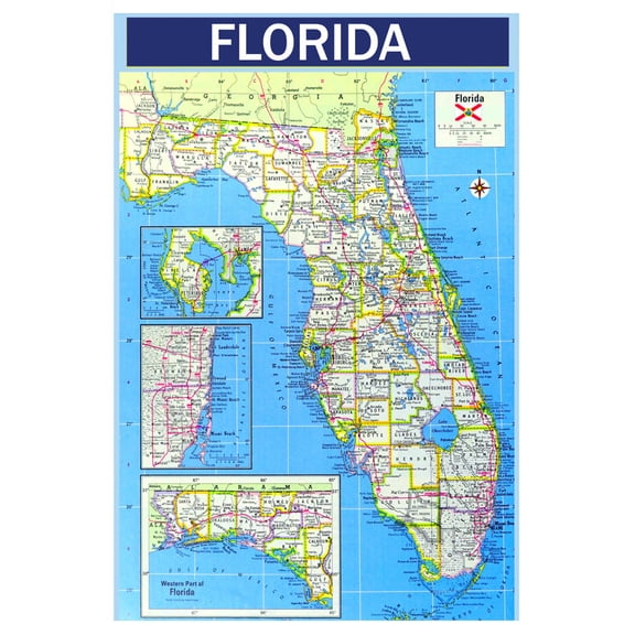 Map of Florida 24x36 Inch - Laminated Wall Map Poster - Blue Edition A - High-Quality Print for Classrooms, Offices & Homes