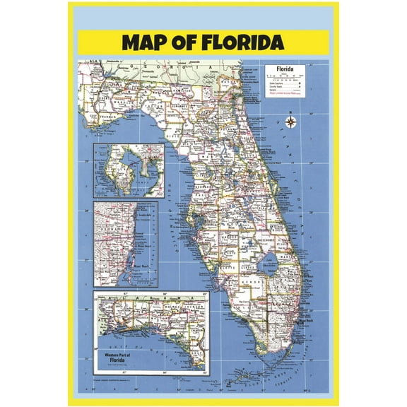 Map of Florida Style B - Laminated Wall Map Poster Print Perfect for Classrooms and Homes - Vivid Imagery with Bright Colors - 24x36