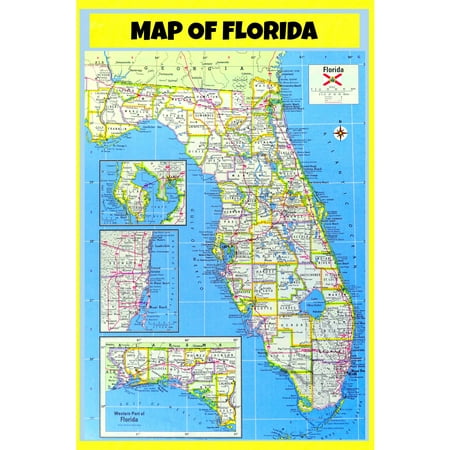 Map of Florida Style E - Laminated Wall Map Poster Print Perfect for Classrooms and Homes - Vivid Imagery with Bright Colors - 18x24