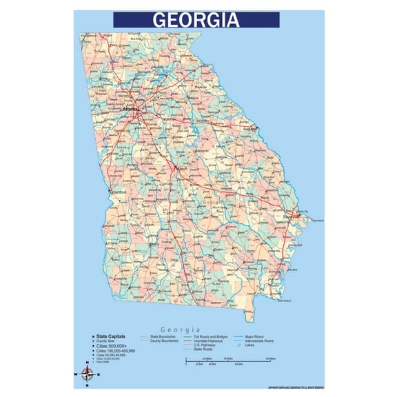 Map of Georgia 18x24 Inch - Laminated Wall Map Poster - Blue Edition - High-Quality Print for Classrooms, Offices & Homes