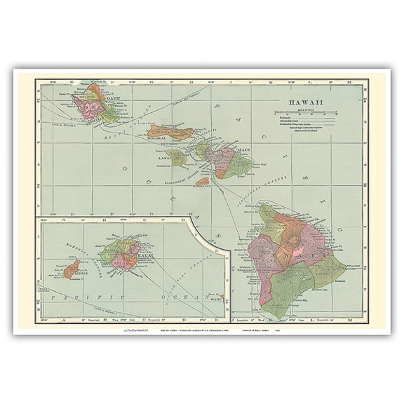 Map of Hawaii - Hawaiian Islands - Vintage Colored Cartographic Map by C.S. Hammond c.1905 - Master Art Print 10in x 14in