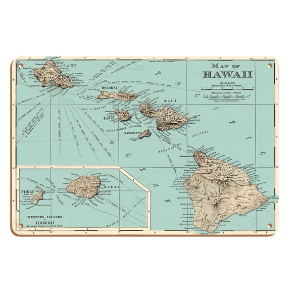 Map of Hawaii - from Rand McNally Atlas - Vintage Colored Cartographic Map c.1898 - 8 x 12 inch Vintage Wood Art Sign