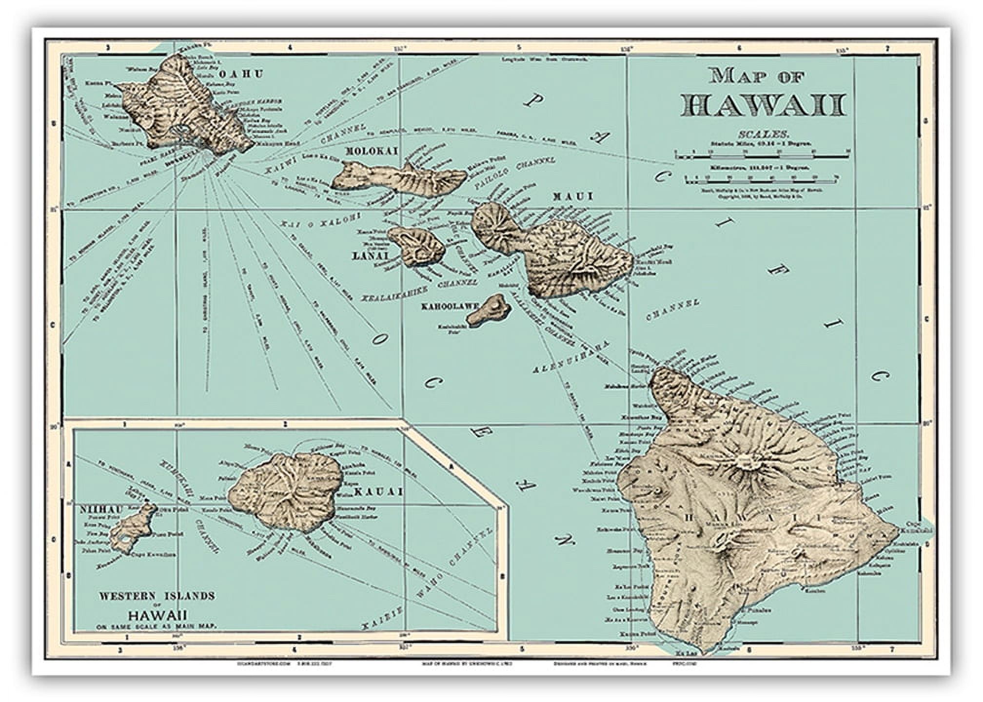 Map of Hawaii from Rand McNally Atlas Vintage Colored Cartographic