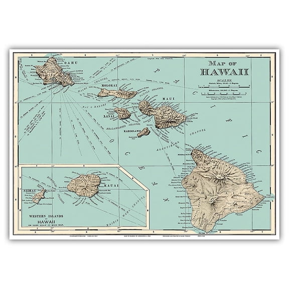 Map of Hawaii - from Rand McNally Atlas - Vintage Colored Cartographic Map c.1898 - Master Art Print 10in x 14in