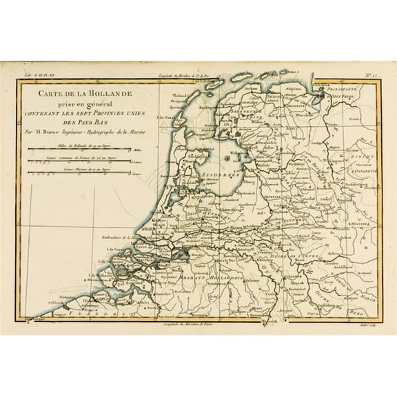 Map of Holland Circa.1760 From -Atlas De Toutes Les Parties Connues Du Globe Terrestre by Cartographer Rigobert Bonne Poster Print - 17 x 12