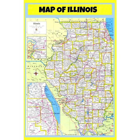 Map of Illinois Style D - Laminated Wall Map Poster Print Perfect for Classrooms and Homes - Vivid Imagery with Bright Colors - 18x24