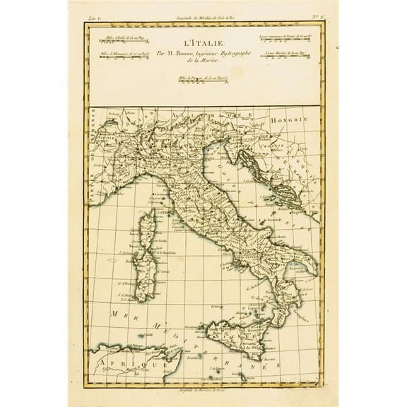 Map of Italy Circa.1760 From Atlas De Toutes Les Parties Connues Du Globe Terrestre by Cartographer Rigobert Bonne Poster Print, Large - 24 x 36