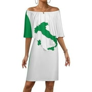 LINGTAIN Map of Italy - Italian Flag Women's Off The Shoulder Ruffles Summer Wedding Guest Loose Casual Party Beach Dress