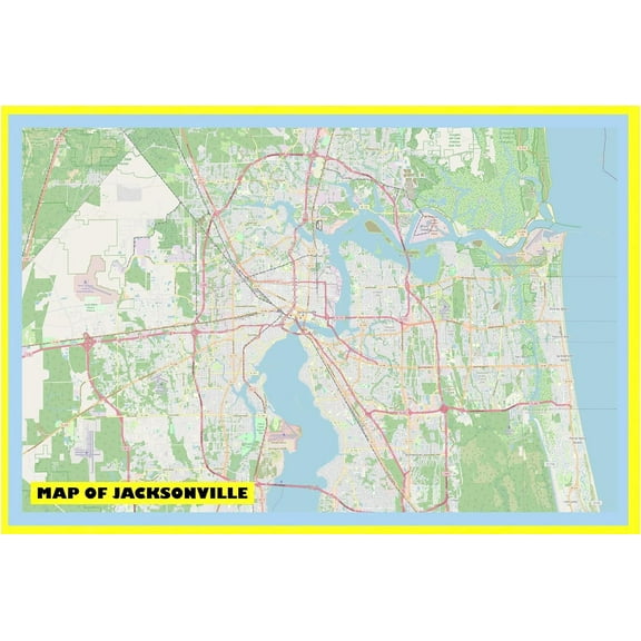 Map of Jacksonville 20x30 with Neighborhoods, Streets, Roads, Highways and Parks - Laminated Wall Map Poster Print - Vivid Imagery with Bright Colors