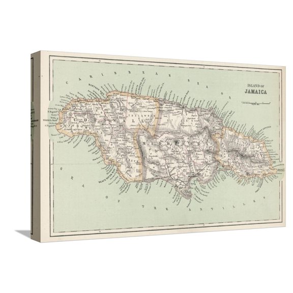 Art.com Map of Jamaica Stretched Canvas Print Wall Art, 24" x 16"