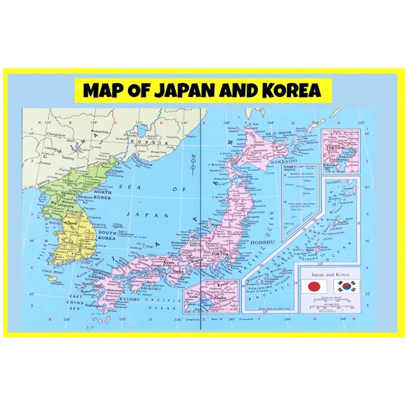Map of Japan and Korea - Glossy Heavy Paper Wall Map Poster Print Perfect for Classrooms and Homes - Vivid Imagery with Bright Colors - 36x60