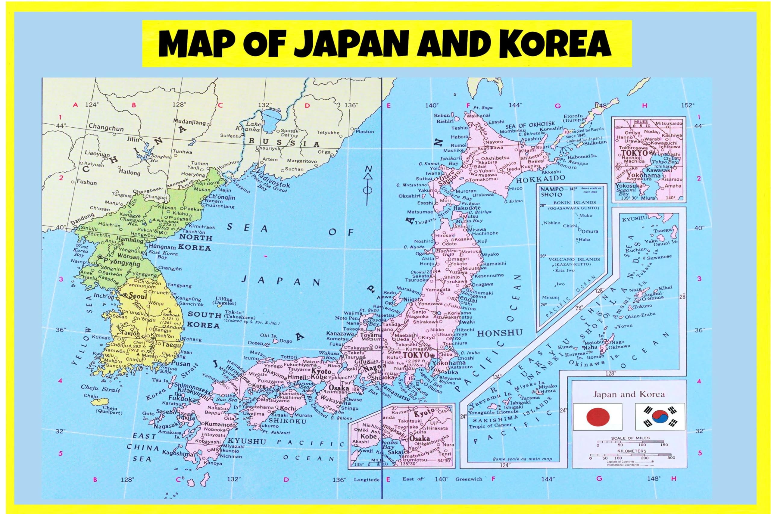Map of Japan and Korea Laminated Wall Map Poster Print Perfect for
