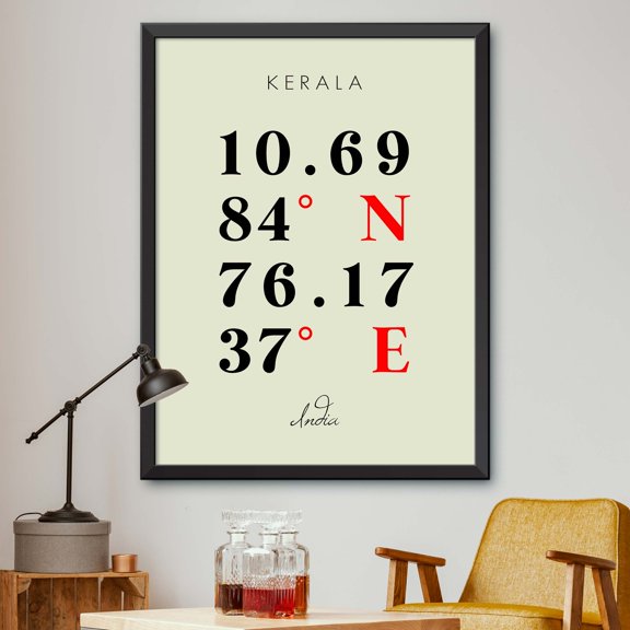 Map of Kerala, India, Multiline Coordinates Colored (8x10)