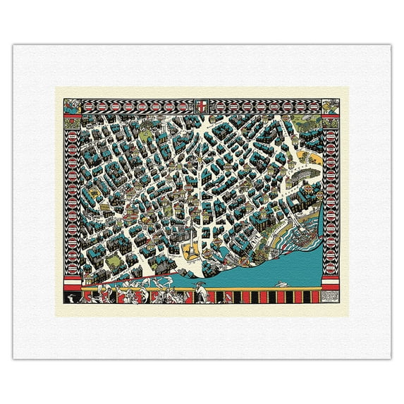 Map of London England Theatreland District - Vintage Pictorial Map by MacDonald (Max) Gill c.1915 - Fine Art Rolled Canvas Print 11in x 14in