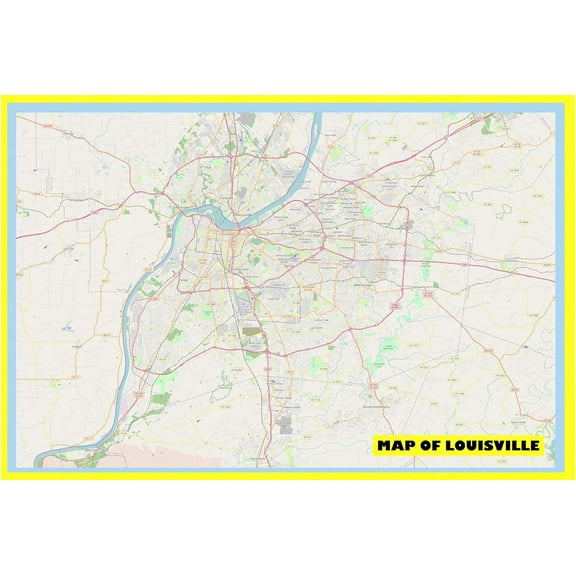 Map of Louisville 24x36 with Neighborhoods, Streets, Roads, Highways and Parks - Laminated Wall Map Poster Print - Vivid Imagery with Bright Colors