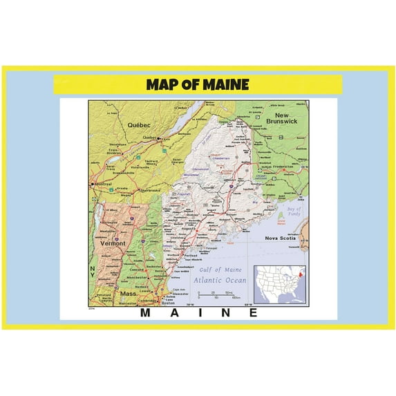 Map of Maine Style C - Laminated Wall Map Poster Print Perfect for Classrooms and Homes - Vivid Imagery with Bright Colors - 24x36
