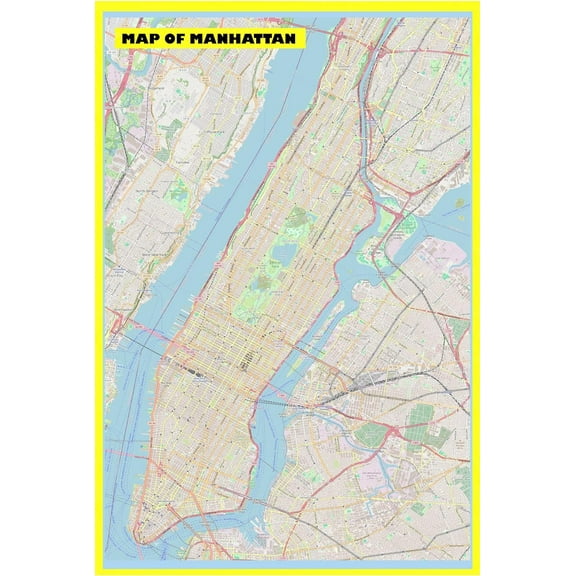 Map of Manhattan 18x24 with Neighborhoods, Streets, Roads, Highways and Parks - Laminated Wall Map Poster Print - Vivid Imagery with Bright Colors