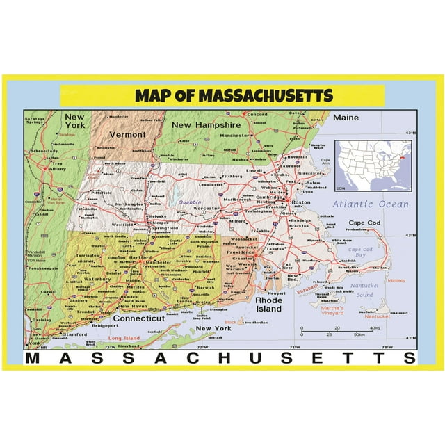 Map of Massachusetts Style 2 - Laminated Wall Map Poster Print Perfect ...