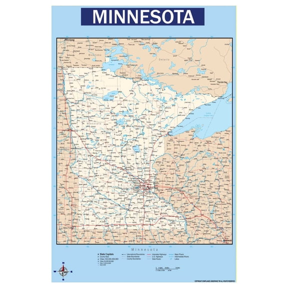 Map of Minnesota 24x36 Inch - Laminated Wall Map Poster - Blue Edition - High-Quality Print for Classrooms, Offices & Homes