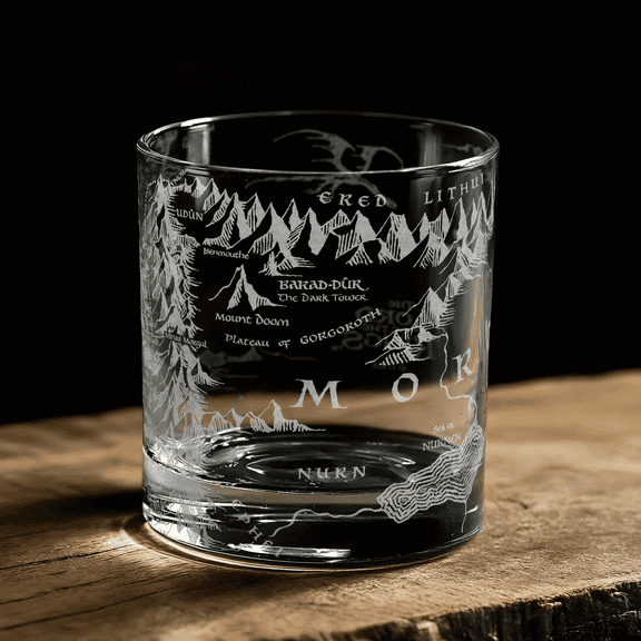 Map of Mordor Laser Engraved 10.5oz Whiskey Glass, Officially Licensed The Lord of the Rings Barware