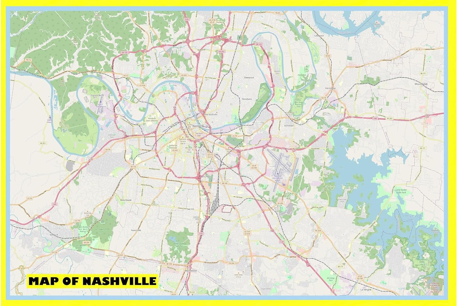 Map of Nashville 18x24 with Neighborhoods, Streets, Roads, Highways and