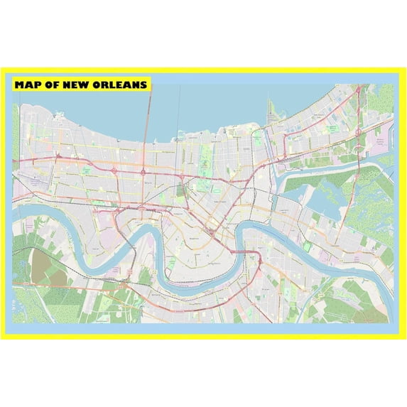 Map of New Orleans 20x30 with Neighborhoods, Streets, Roads, Highways and Parks - Laminated Wall Map Poster Print - Vivid Imagery with Bright Colors
