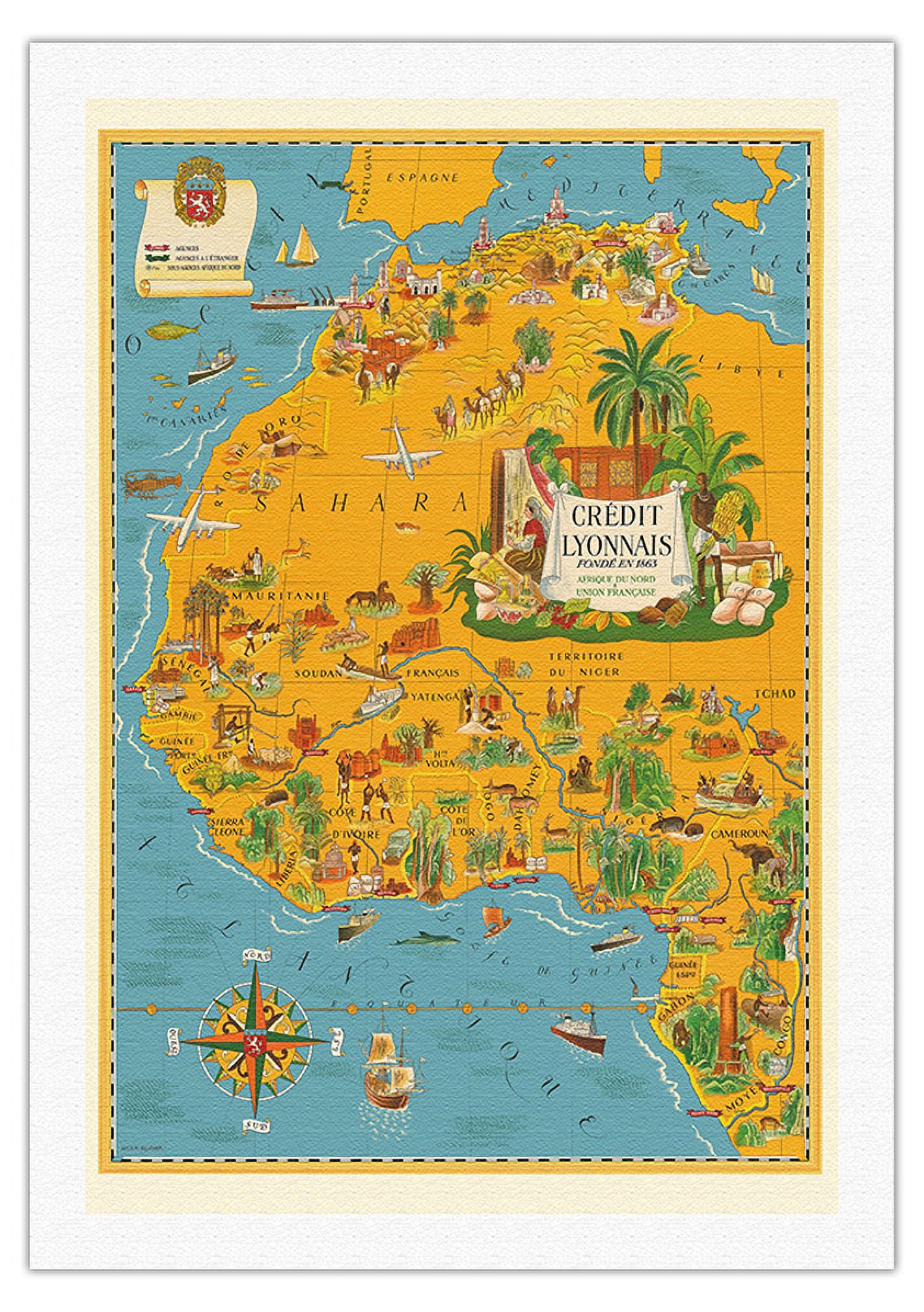 Map of North Africa - French Union - Credit Lyonnais - Vintage