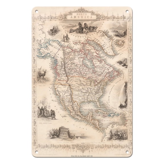 Map of North America - Central America from Greenland to Panama - Vintage Map by J. Rapkin c.1851 - 8 x 12 inch Vintage Metal Tin Sign