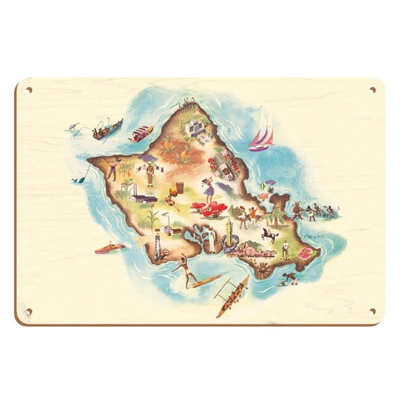 Map of Oahu Hawaii - Vintage Pictorial Map c.1953 - 8 x 12 inch Vintage Wood Art Sign