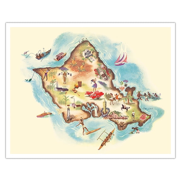 Map of Oahu Hawaii - Vintage Pictorial Map c.1953 - Fine Art Matte Paper Print (Unframed) 16x20in