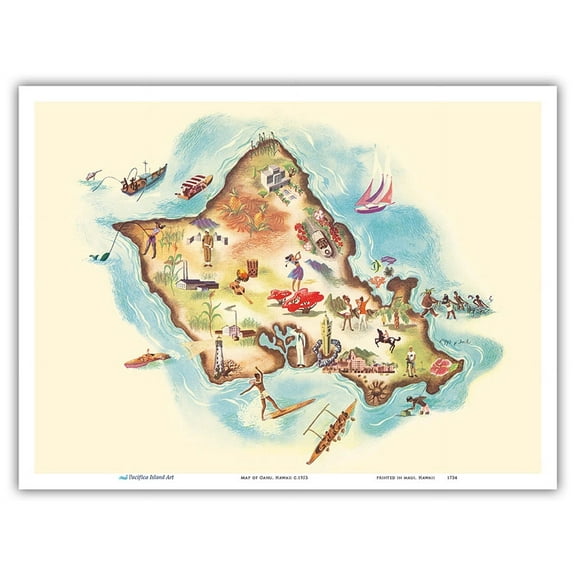 Map of Oahu Hawaii - Vintage Pictorial Map c.1953 - Master Art Print (Unframed) 9in x 12in