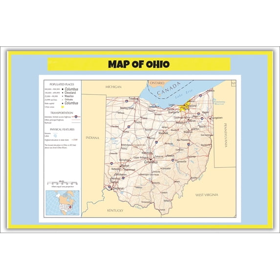 Map of Ohio - Laminated Wall Map Poster Print Perfect for Classrooms and Homes - Vivid Imagery with Bright Colors - 24x36