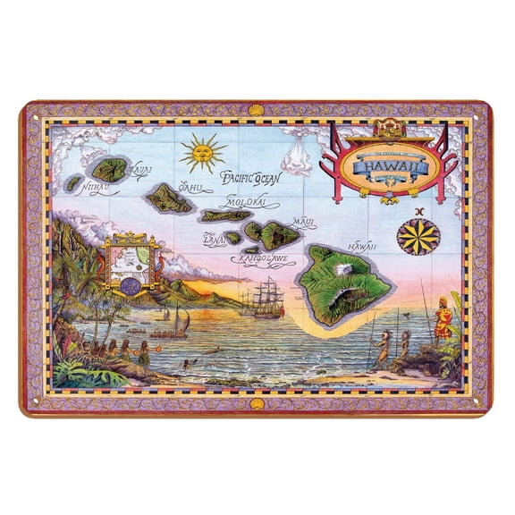 Map of Old Hawaii - The Islands of Hawaii - Vintage Colored Cartographic Map by Steve Strickland - 8 x 12 inch Vintage Wood Art Sign