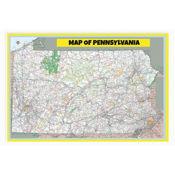 Map of Pennsylvania 18x24 Large Detailed Roads and Highways, Maryland State with All Cities, Parks and Landmarks - Laminated Wall Map Poster Print
