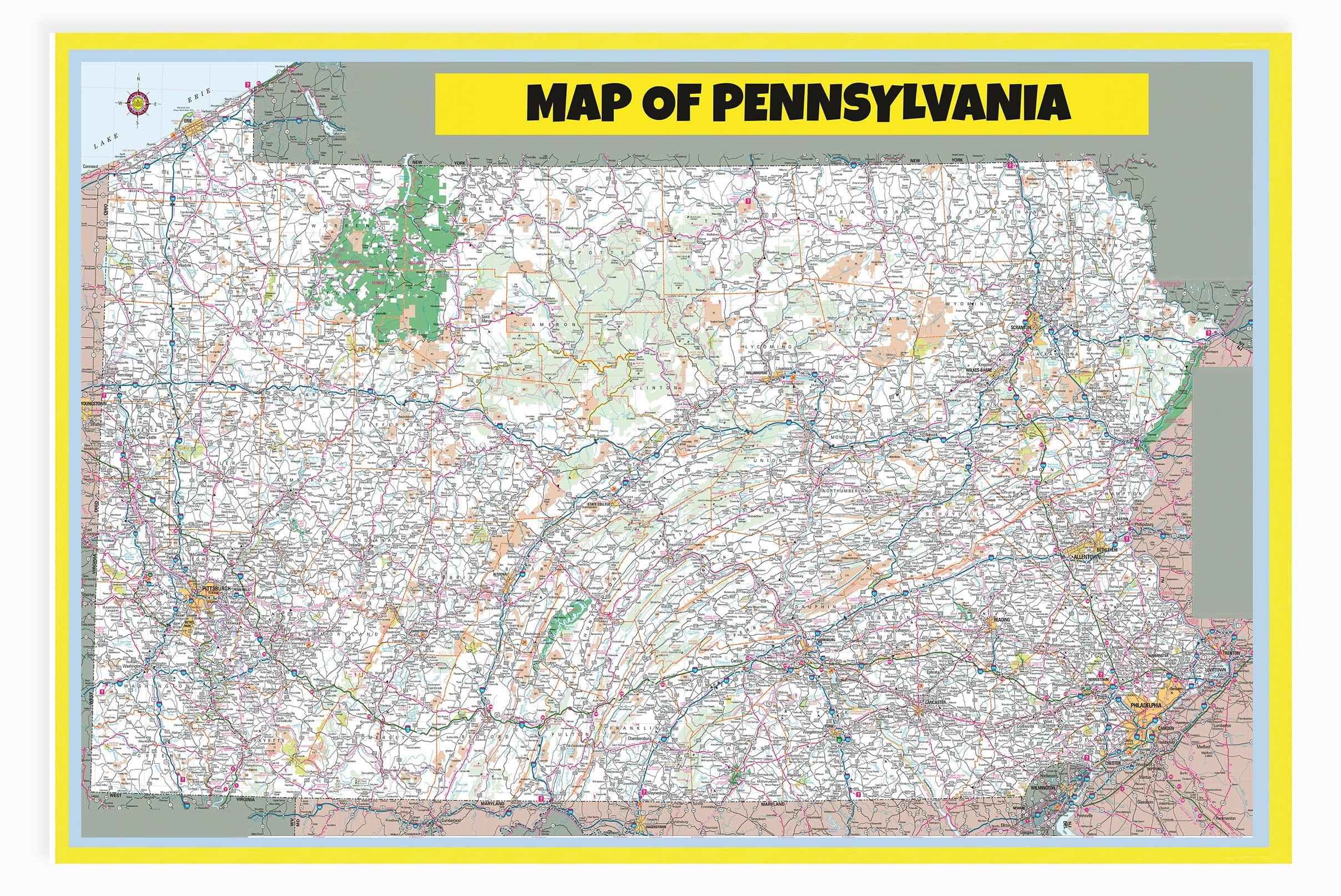 Map of Pennsylvania 20x30 Large Detailed Roads and Highways, Maryland State with All Cities ...