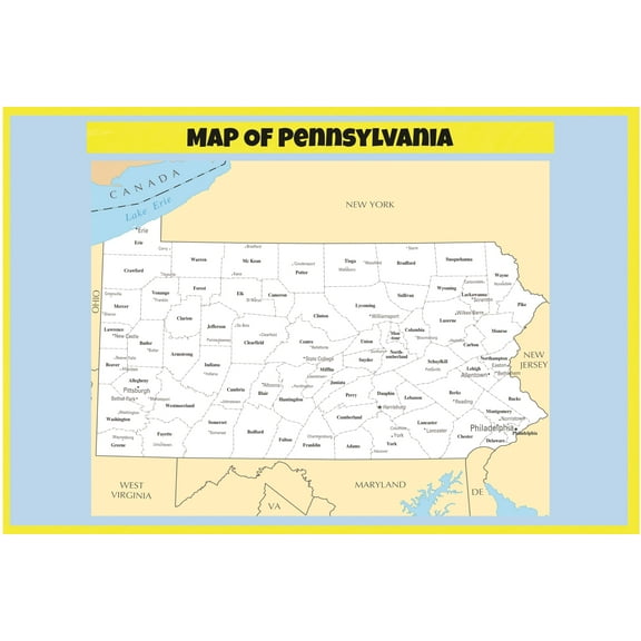Map of Pennsylvania - Laminated Wall Map Poster Print Perfect for Classrooms and Homes - Vivid Imagery with Bright Colors - 18x24