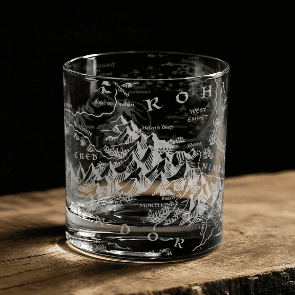 Map of Rohan & Gondor Laser Engraved 10.5oz Whiskey Glass, Officially Licensed The Lord of the Rings Barware