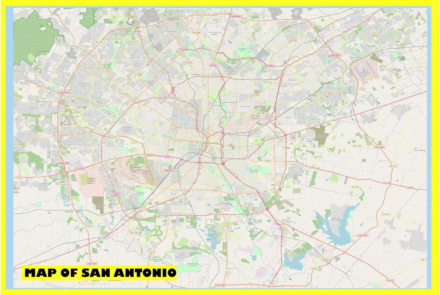 Map of San Antonio 20x30 with Neighborhoods, Streets, Roads, Highways ...