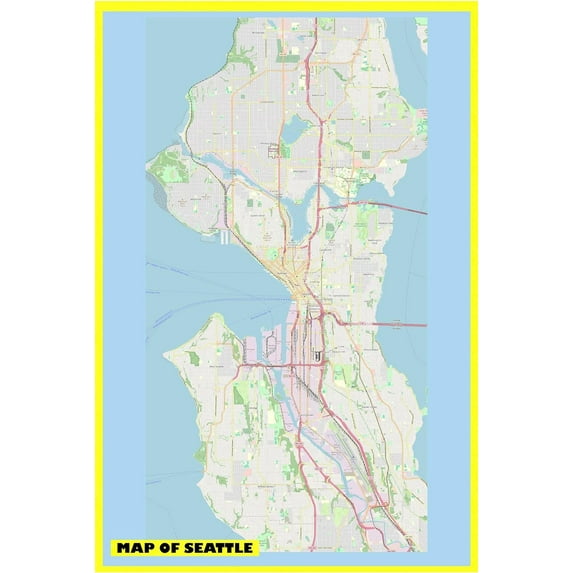 Map of Seattle 18x24 with Neighborhoods, Streets, Roads, Highways and Parks - Laminated Wall Map Poster Print - Vivid Imagery with Bright Colors