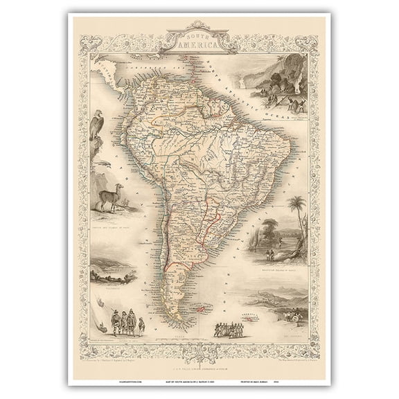 Map of South America - Vintage Colored Cartographic Map by J. Rapkin c.1851 - Master Art Print 10in x 14in