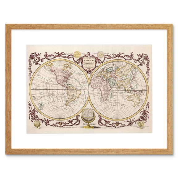 Map of The World Vintage Art Print Black Framed Poster Wall Decor 9x7 inch