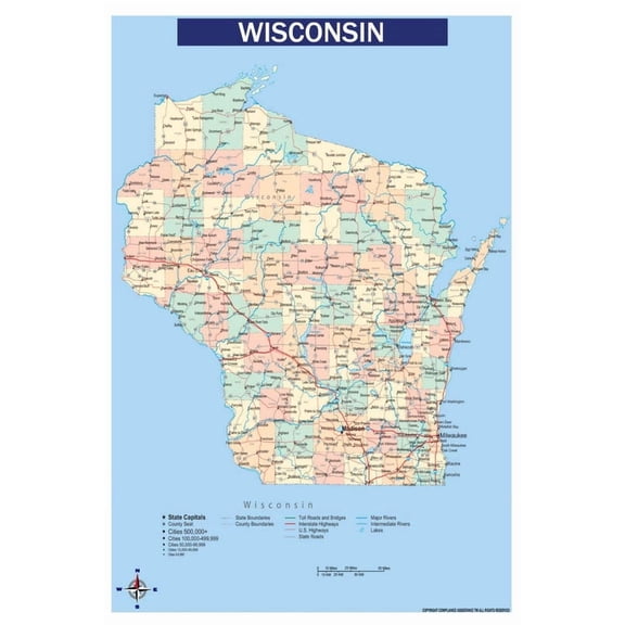 Map of Wisconsin 36x54 Inch - Glossy Wall Map Poster - Blue Edition - High-Quality Print for Classrooms, Offices & Homes