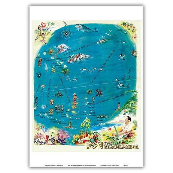 Map of the Polynesian Islands - Don the Beachcomber Tiki Bar and Restaurant - Vintage Hawaiian Menu Cover c.1959 - Master Art Print 10in x 14in