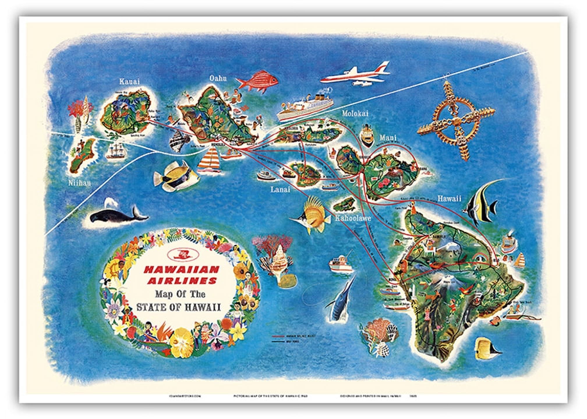 Map of the State of Hawaii - Hawaiian Airlines Route Map - Vintage 