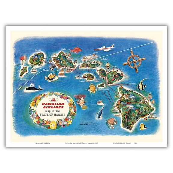 Map of the State of Hawaii - Hawaiian Airlines Route Map - Vintage Pictorial Map c.1963 - Master Art Print (Unframed) 9in x 12in