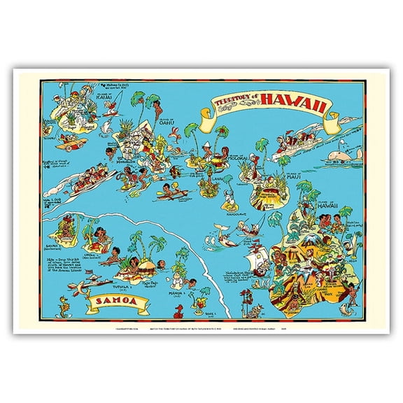 Map of the Territory of Hawaii - American Samoa - Pictorial Map - Vintage Pictorial Map by Ruth Taylor White c.1935 - Master Art Print 10in x 14in