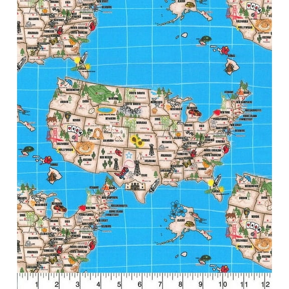 Map of the USA 100% Cotton Fabric sold by the yard